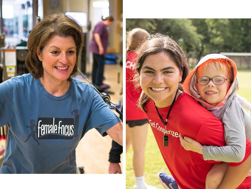 cooper-fitness-our-people woman smiling and teen girl with little boy on back