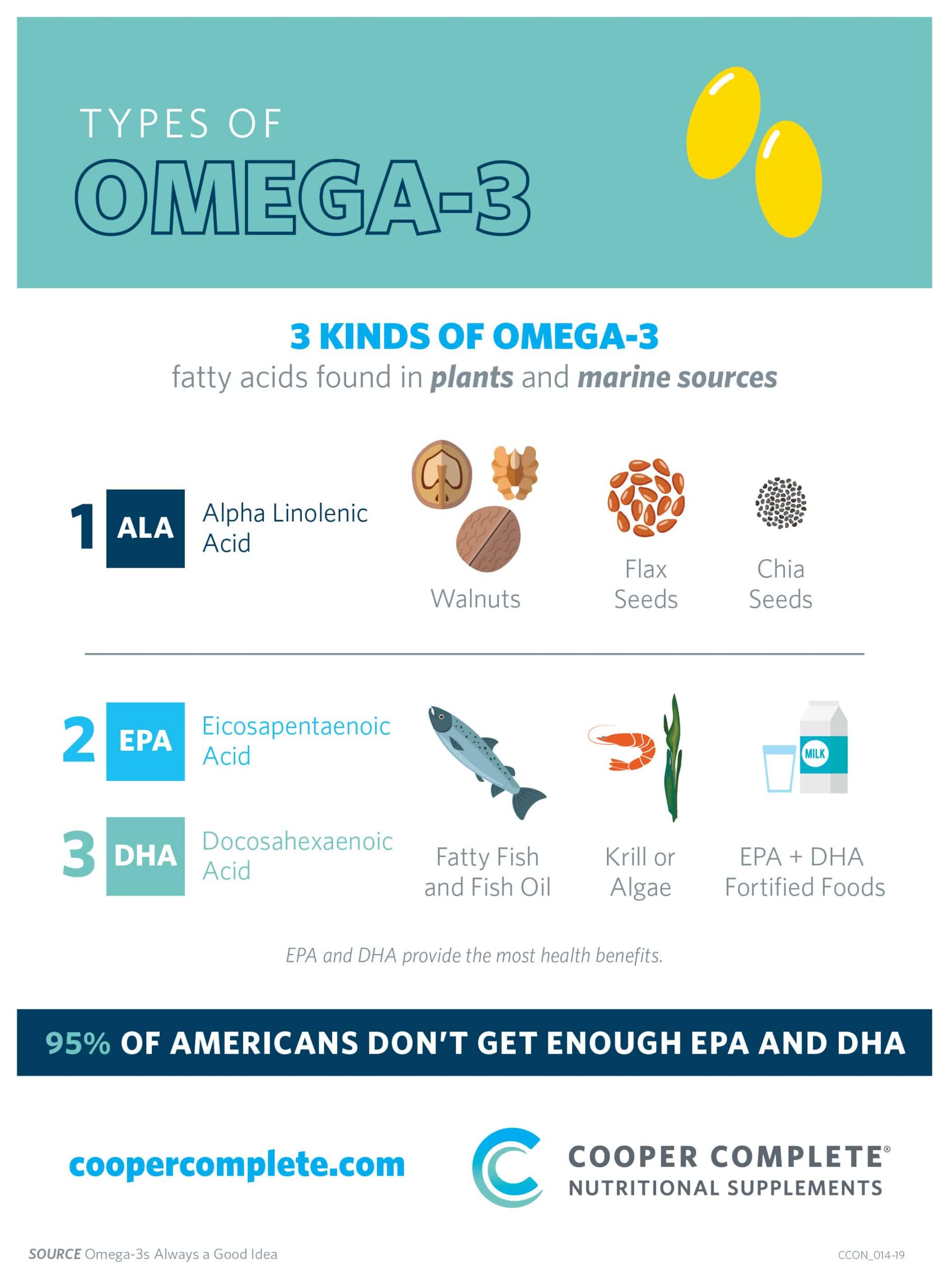 Cooper Complete infographic ALA, EPA and DHA, the 3 kinds of omega-3 fatty acids